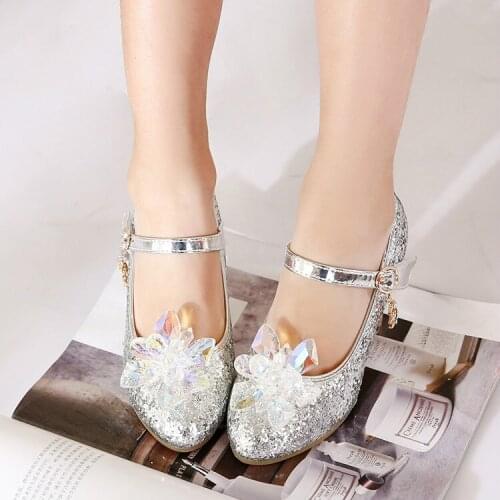 4-12 Years Kids Cinderella Crystal Shoes Autumn & Winter Girls High-heeled Princess Shoes Host Piano Show Catwalk Leather Shoes