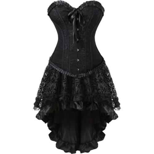 Sexy Vintage Corset Jacquard Overbust Corset Dress Womens Halloween Party Masquerade Gothic Corset Skirt Set