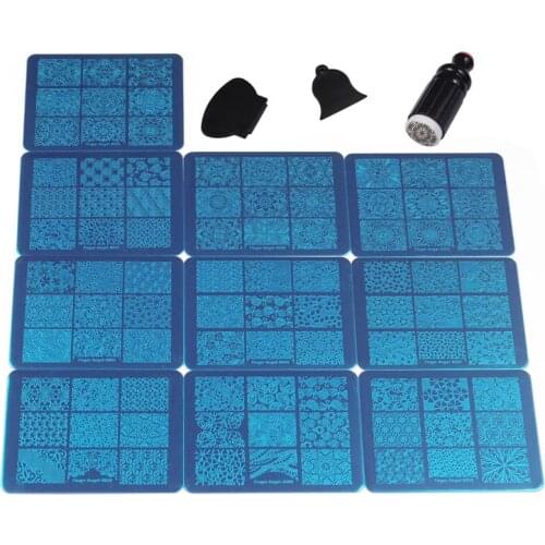 Nail Art 10Pcs Stamping Plate + 1Pcs Double Head Stamper Template Image Plates Nail Stamp Plate