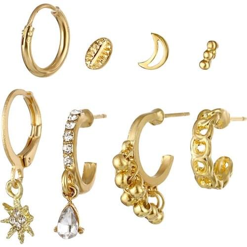 8pcs/Set Moon Shape Rhinestone Earring Ladies Punk Alloy Earrings Hot Stylish Women Shell Ear Studs Gifts