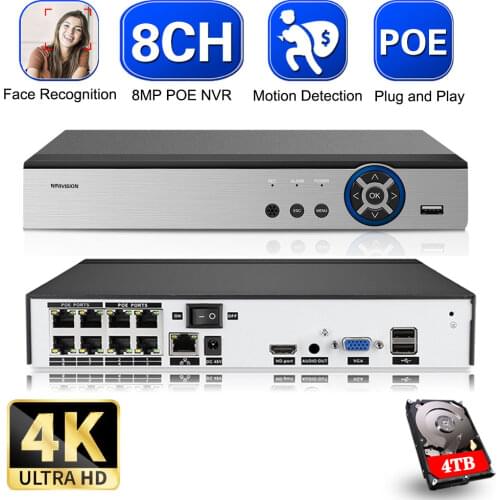 Ultra HD 8CH POE NVR ONVIF H.265 3.5mm Audio Out Surveillance Security Video Recorder for 720p 1080p 4mp 5mp POE IP Camera