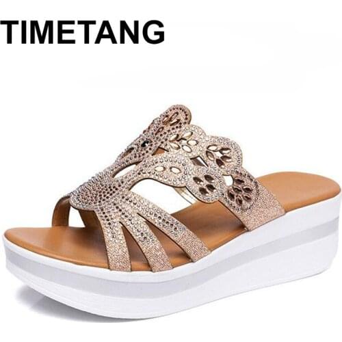 TIMETANGSummer Wedge Slippers High Heel Platform 4.5cm Women Gold Wedge Shoes Slipper Flip Flop Slipper Ladies Outside Slides