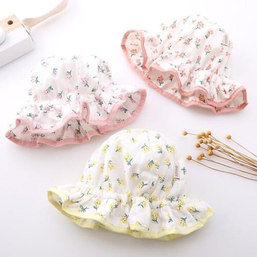 Baby hat spring and summer floral bowknot pure cotton thin section cute fisherman hat adjustable princess infant girl sun hat