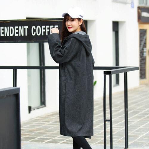 Windy long over-the-knee hooded windbreaker women spring and autumn Korean loose student large size long denim jacket