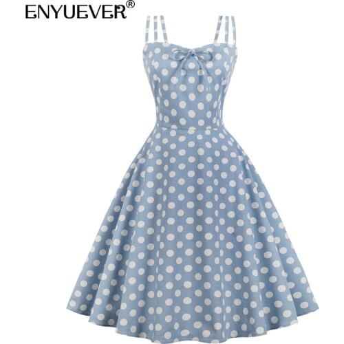 Enyuever Vintage Dresses 50s 60s Retro Clothes Cotton Women Summer Spaghetti Strap Swing Cotton Blue Polka Dot Dress Sundresses