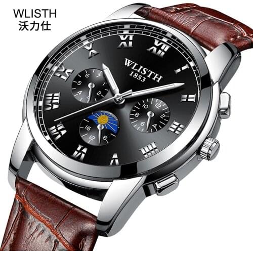WLISTH Luxury Brand Genuine Leather Retro Business Wristwatch Quartz Men Watch Big Dial Decoration Wrist Watch Men Reloj Hombre