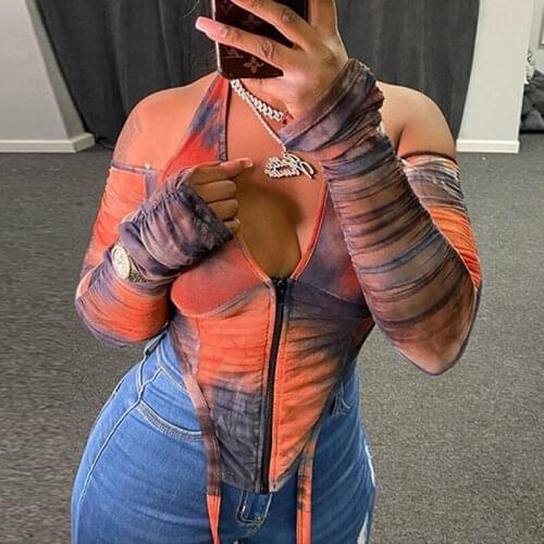 2020 Fashion Low-cut Fashion Irregular Design Halter Off-shoulder Tie-dye Print See-through T-shirt Streetwear Lady Backless Tee