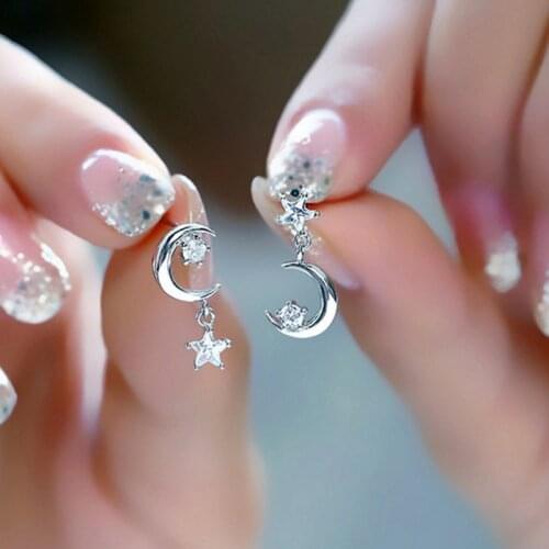 1 Pair Elegant Women Small Crystal Silver Color Moon Star Asymmetrical Stud Earrings Fashion Jewelry Pendientes Para Las Mujeres