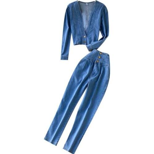 Spring autumn vintage v-neck denim jacket+high waist jeans two piece sets women