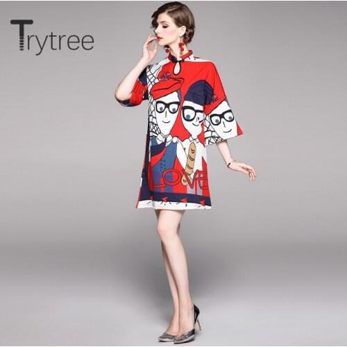 Trytree 2020 Summer Woman Casual Dress Stand Collar Flare Sleeve Cartoon Wrist Sleeve Fashion Vintage Elegant Loose Mini Dress