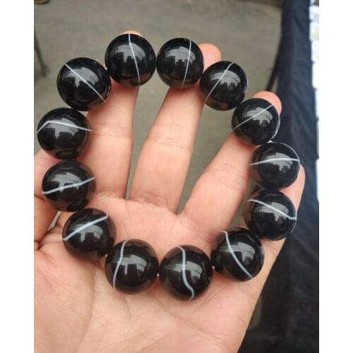 18mm Natural Dzi Bead Thread Vein Gemstone Bangle Mala Bracelet Rosary Magical Bless Case