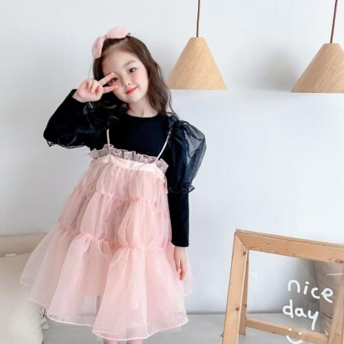 2021 Girls clothing set black tops + pink colour straps dress sweet kids clothes set 100-150