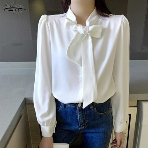 2021 Office Casual Button Up Women Shirts Fashion Bow Female Clothing Long Sleeve Chiffon White Blouse Women Tops Blusas 16168