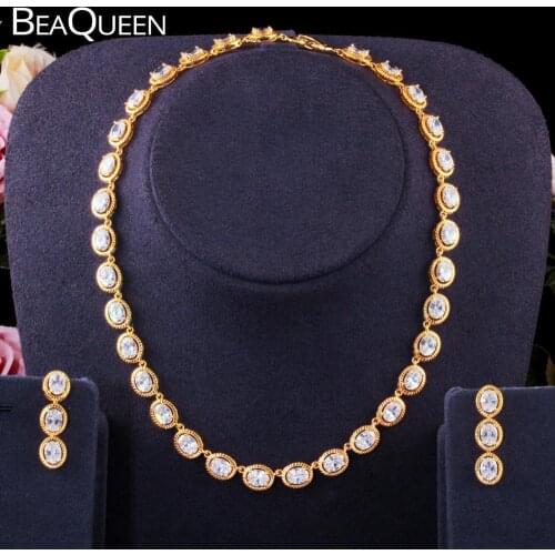 BeaQueen Gorgeous Oval Cubic Zirconia Dubai Gold Round Choker Necklace Earrings Statement Wedding Jewelry Sets for Women JS274