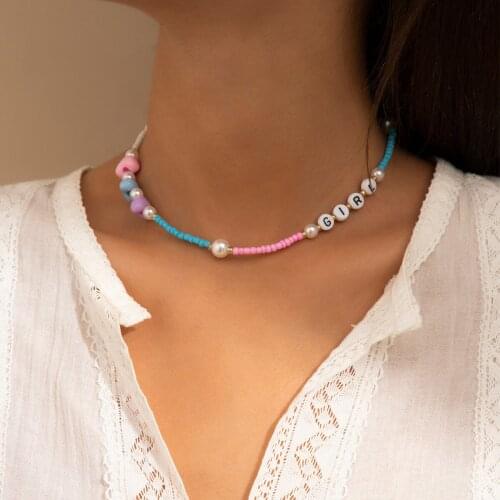 Boho Rainbow Color Imitation Pearls Beads Chain Necklace for Women Geometric Heart Letter Girl Choker Necklaces Wedding Jewelry