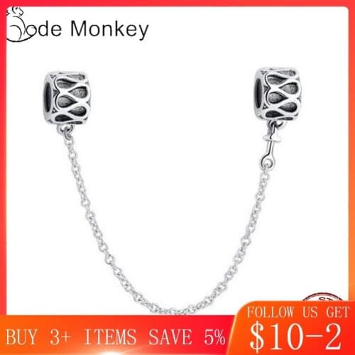 CodeMonkey Safety Chain Charms Fit Original 3mm Charms Bracelet 100% Real 925 Sterling Silver For Women DIY Jewelry CMS1527