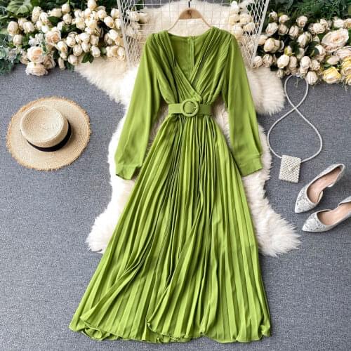 Croysier Dresses For Women Clothing V Neck Long Sleeve Pleated Chiffon Dress Office Lady Vintage Elegant Midi Dress With Belt