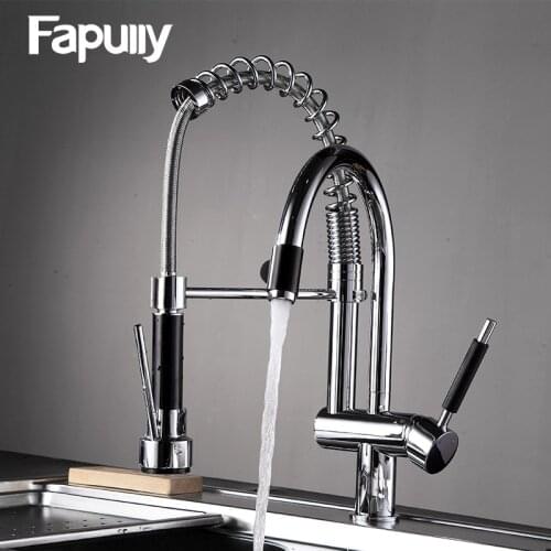 Fapully Kitchen Sink Faucet Chrome Double Swivel Hand Spray Chrome 3-Function Hot Cold Water Outlet Rotatable Kitchen Mixer 235