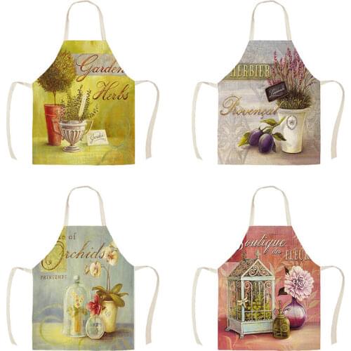 Flower And Grass Kitchen Apron for Women Home Cooking Baking Coffee Shop Cotton Linen Cleaning Aprons WQT336