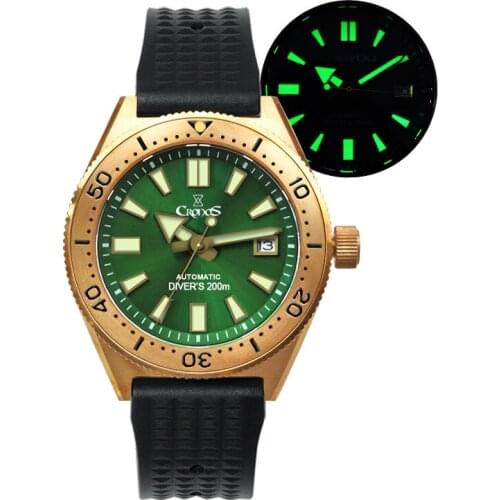 Cronos Bronze Diver Mens Watch CUSN8 NH35 Automatic Movement Rotate Bezel Waffle Rubber Strap Sapphire Glass Luminous Dial