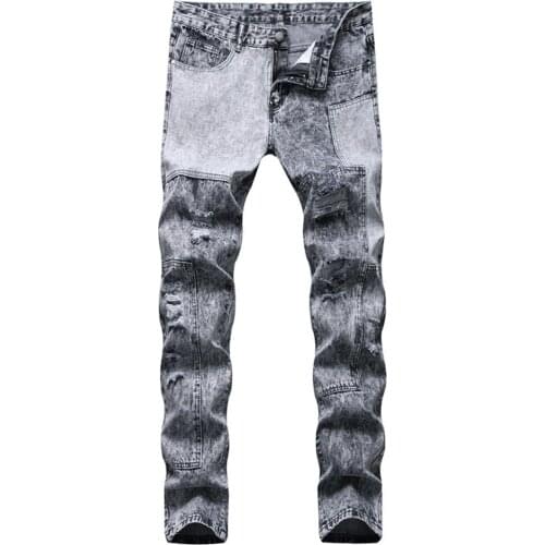 Mens Patchwork Gray Slim Straight Jeans Spliced Snow Washed Denim Pants Trousers