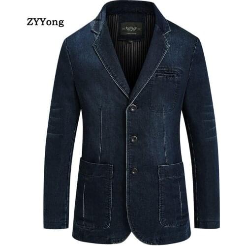 Spring European Style Denim Blazer Men Suit Jacket Fashion Cotton Vintage Blue Slim Fat Jeans Coat Blazers Clothing Overcoat