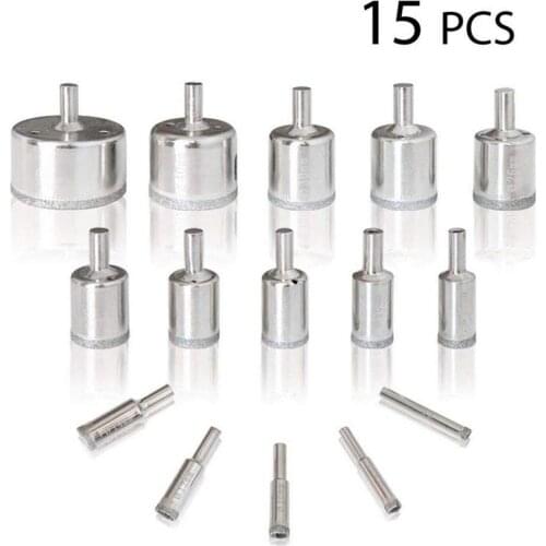 15pcs/Set Diamond Coated Drill Bit Set Tile Marble Glass Ceramic Hole Saw Drilling Bits for Power Tools 6mm-50mm