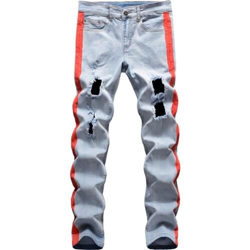 New Mens Fashion Stretch Denim Ripped Jeans Stripe Lines Printed Holes Distressed Slim Straight Pants Trousers Male 9077