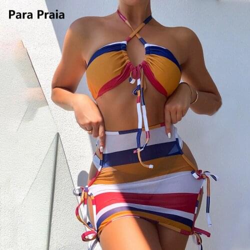Para Praia 2021 Sexy Colorful Three Pieces Bikini With Skirt Halter Swimsuit Women Drawstring Swimwear Bandage Bathing Suit