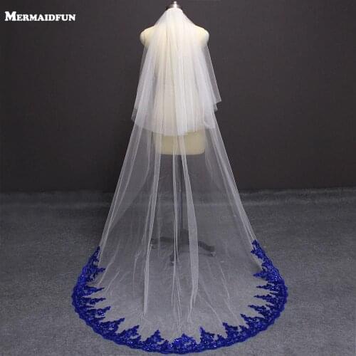 Bling Sequins Royal Blue Lace White Ivory Soft Tulle Wedding Veil 2 Layer Long Bridal Veil with Comb Wedding Accessories
