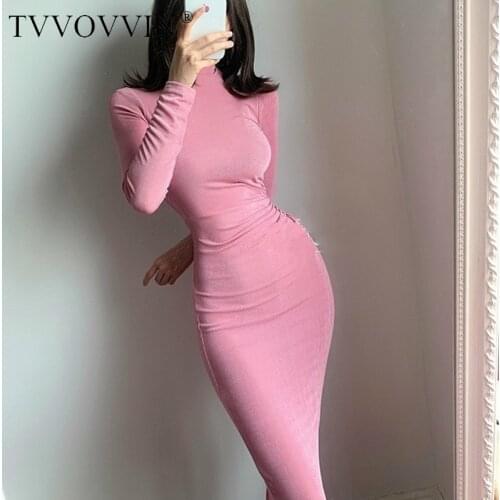 TVVOVVIN Winter Base French Turtleneck High Fold Waist Pleated Thin Temperament Solid Color Long Sleeve Dress Long Dresses XE89