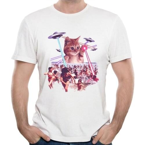 Funny Cute Cat Invader From Space Beach Attack UFO & Lasers Galaxy Universe T-Shirt Summer Mens T-Shirt Boy Tops Punk Men Tees