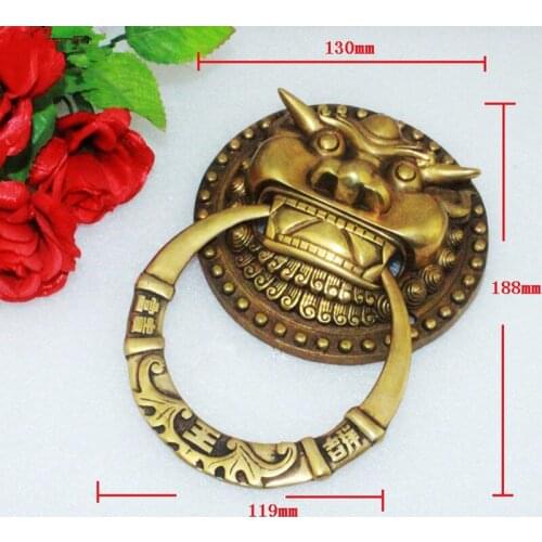 Yellow Brass Handle,Chinese Vintage Lion Head Furniture Door Pull Handle,130*188mm,1Pc