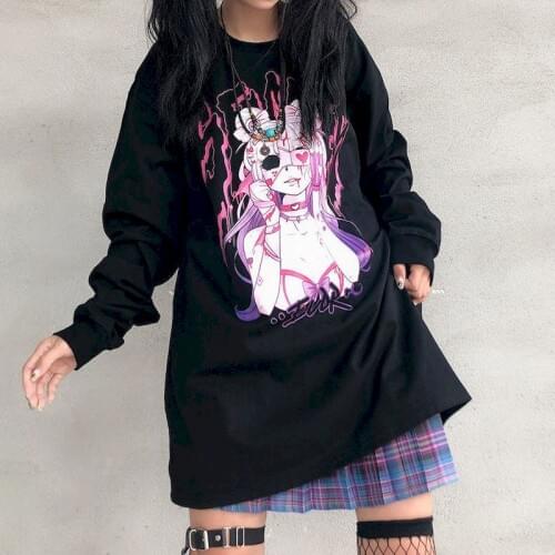 T-shirt female Harajuku bf wind autumn ins retro two-dimensional cartoon printing loose long-sleeved T-shirt female student top