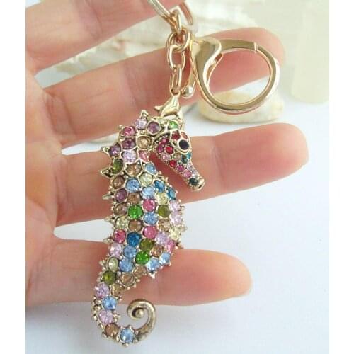 Gold-Tone Alloy Lovely Seahorse Keychain Pendant Multicolor Rhinestone Crystal K02254C4