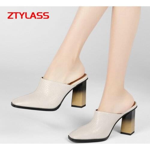 2021 New Summer Women Sandals Fashion Slip On Square High Heel Sandals Ladies Square Toe Dress Slippers Black White Brown