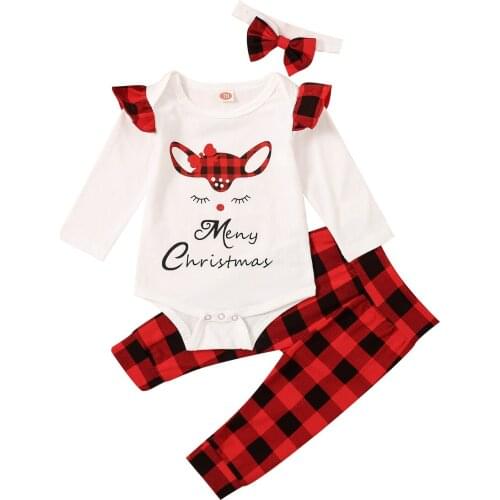 3 Pcs Infant Baby Christmas Outfits Girls Toddler Long Sleeve Letter Print Romper + Plaid Trousers + Bow Headband Clothes Sets