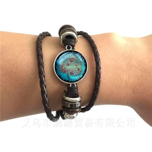 Tree Of Life Bracelet 20mm Glass Dome Tree And Bird Glass Ornaments Gift For Friends Black/Brown Adjustable Leather Bangles
