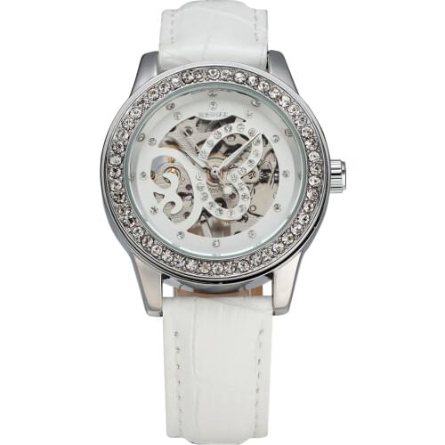 WINNER Womens Fashion Mechanical Watches Classic Diamond Carving Butterfly Skeleton Dial Leather Band Ladies Wrist Watches