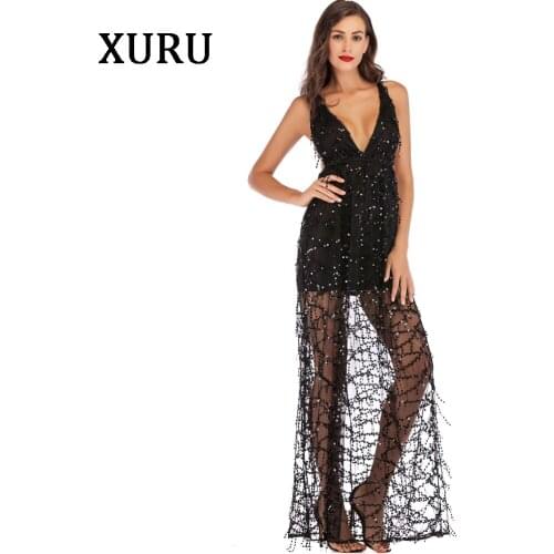 XURU new sequin dress sling Slim sexy club party dress halter black apricot tassel mopping long dress