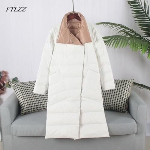 FTLZZ Duck Down Jacket Women Winter Long Double Sided Plaid Coat Female Plus Size Warm Down Parka Slim Outwear