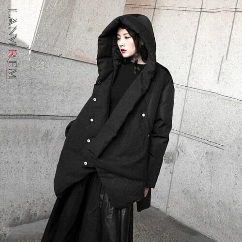 LANMREM 2021 Winter Women Irregular Black Cotton Coat With Pockets Single Breasted Warm Casual Outwear Fashion Clothing 2C2296