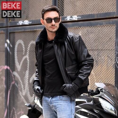 Fashion New 100% Real Leather Mens Short Jacket Pilot Fur Collar Coat Male Military Blouson Cuir Homme Top Quality Bomber Jacket