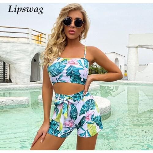 Fashion Swimsuit Print Sleeveless vest Women Bikini Set Top Shorts Two Piece Set Swimsuit Bathing Suit Swimwear Beach Wear Beach