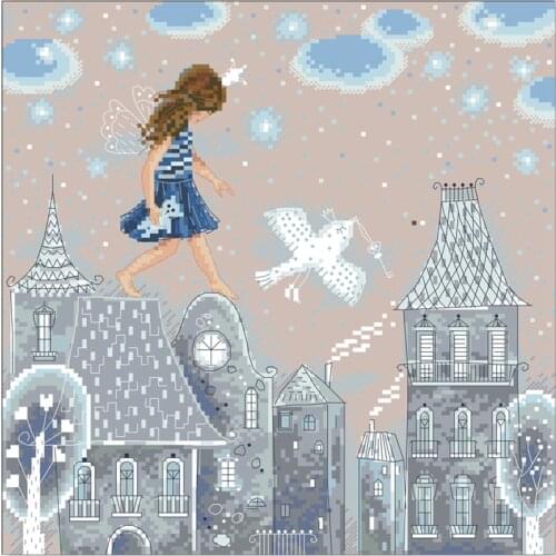 Walking on roof cross stitch kit cartoon girl design snow cotton silk thread 18ct 14ct flaxen canvas embroidery DIY needlework
