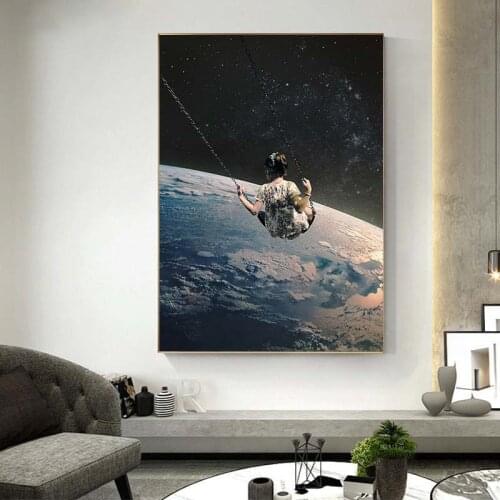 Night Sky Art Prints Earth Couple Canvas Posters Surrealism Galaxy Space Moon Canvas Painting Cosmic Wall Pictures Home Decor