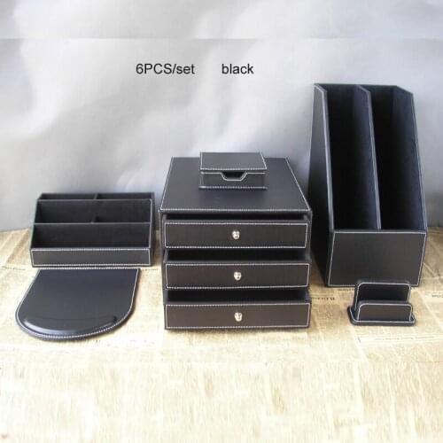 Office stationery desk filing cabinet drawers sorting folder PU leather wood multifonctional desk organizer set pen holder box