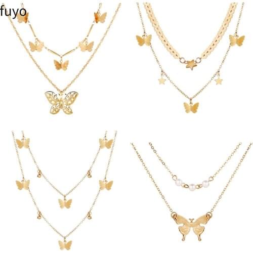 Gold Color Women Fashion Butterfly Star Pendant Double Layer Necklace Statement Choker Necklace for Women Jewelry Gifts