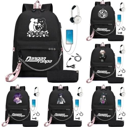 Danganronpa Monokuma USB Backpack Boys Girls School Bag Student Bookbag Teenager Men Women USB Charge Travel Rucksack Ribbon