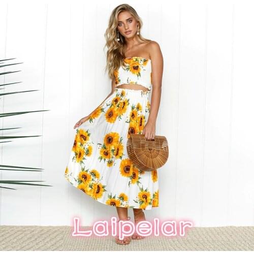 2 Pieces Midi Summer Set Floral Print Off Shoulder Women Boho Sarafan Beach Sexy Strapless Smocked Long Dresses Laipelar
